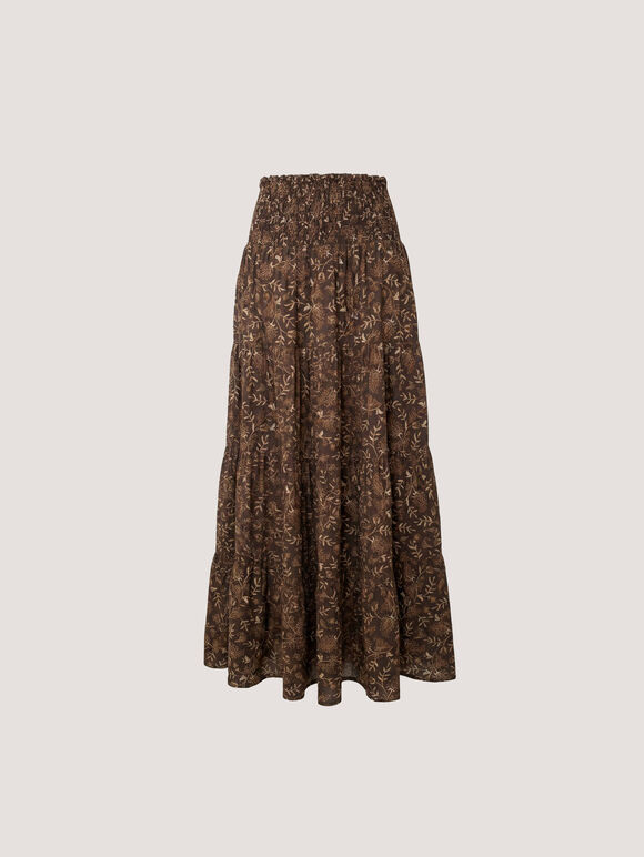Painterly Paisley Tiered Maxi Skirt, Brown, large