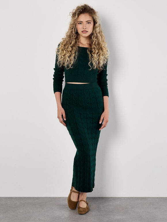 Cable Knit Cropped Jumper, Green, large