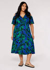 Curve Tropical Palm Midi Dress, Blue, large