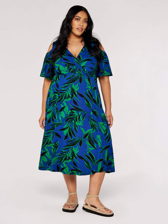 Curve Tropical Palm Midi Dress, Blue, large