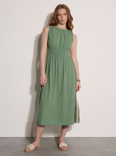 Crochet Trim Smocked Midi Dress