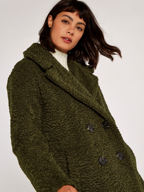 Double Breasted Borg Coat, Khaki, large