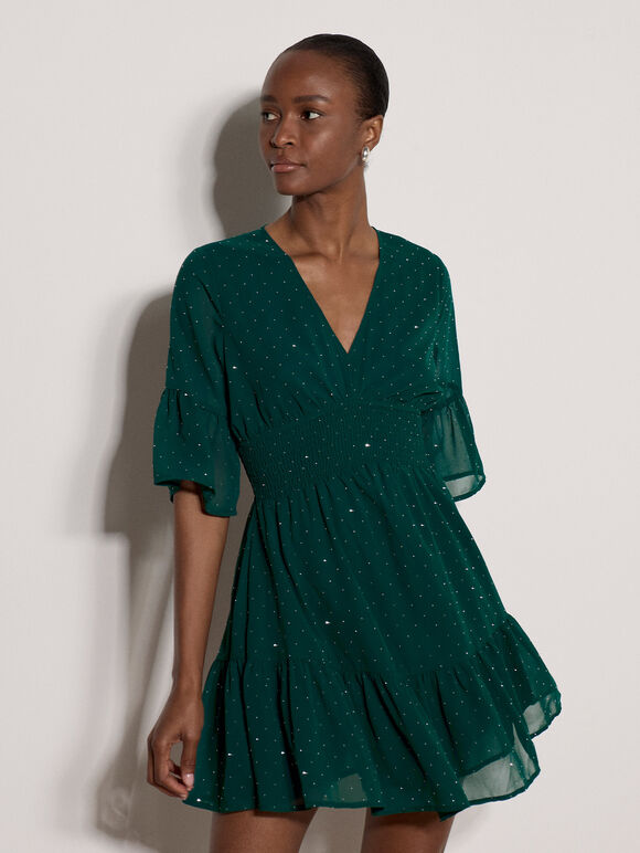 Diamante Chiffon Mini Dress, Pine Green, large