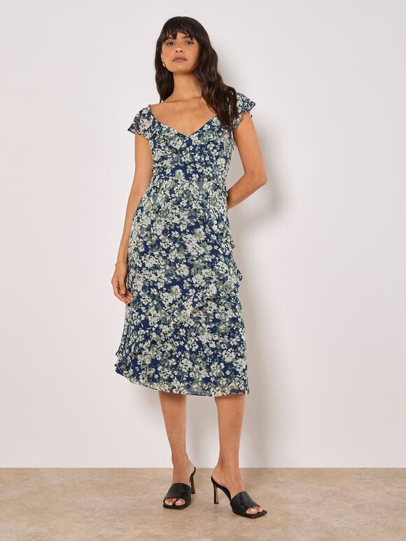 Floral Asymmetric Ruffle Midaxi Dress, Navy, large