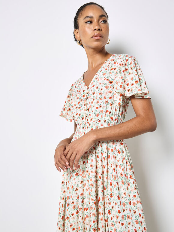 Ditsy Floral Midi Dress, Cream, large