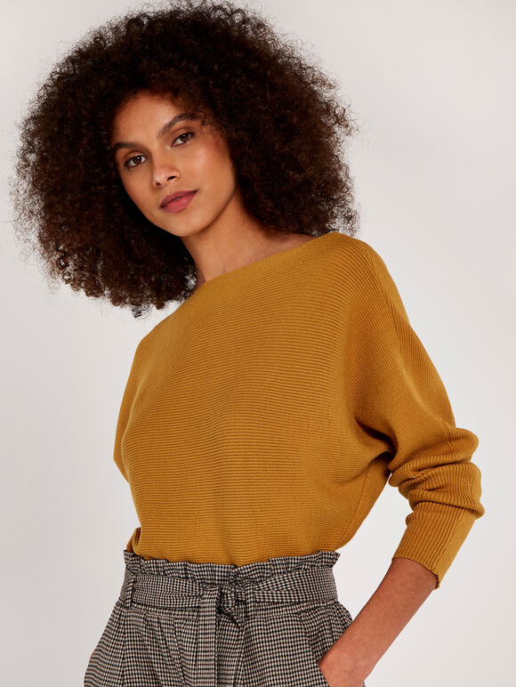 Boat Neck Ribbed Jumper, Mustard, large