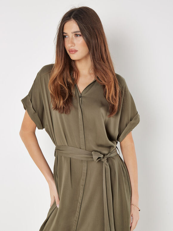 Batwing Sleeve Shirt Midi Dress, Khaki, large