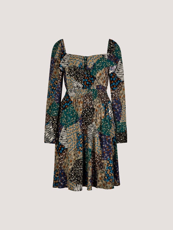 Patchwork Print Boho Mini Dress, Khaki, large