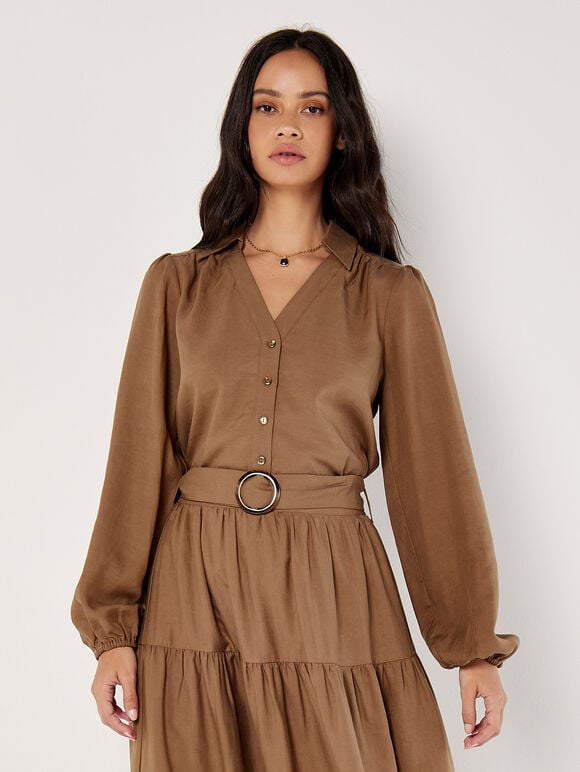 Balloon Sleeve Blouse, Brown, large
