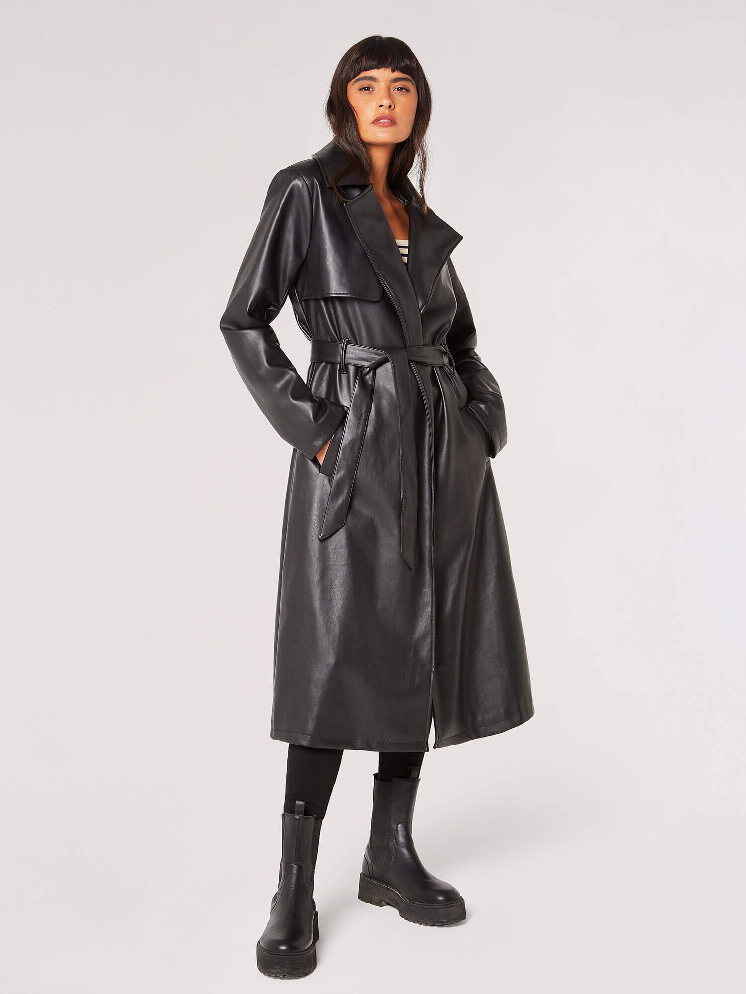 Leather Look Trench Coat Apricot Clothing