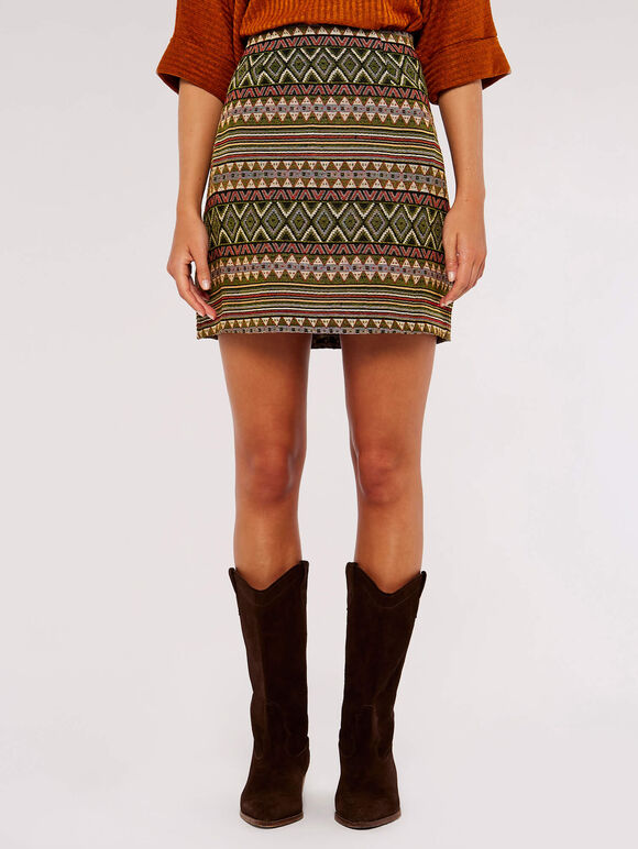 Aztec Jacquard Mini Skirt, Khaki, large