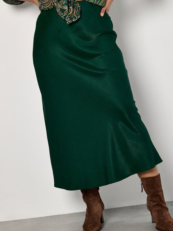 Curve Satin Bias Midi Skirt, Green, large