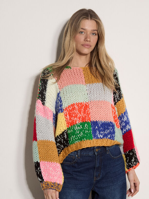 Chunky Hand-Crocheted Patchwork Jumper, Assorted, large
