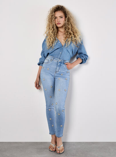 Slim Fit Rhinestone Pearl Jeans