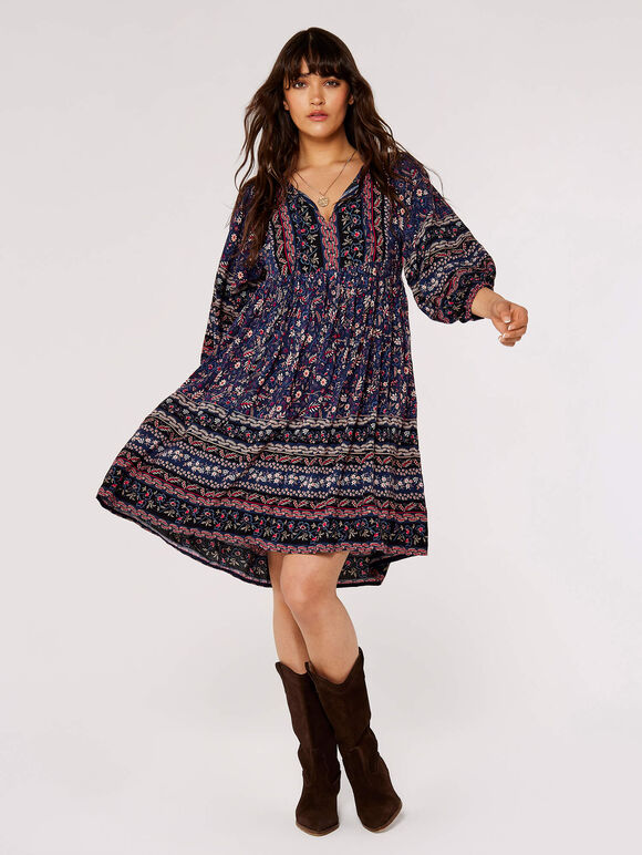 Folk Border Print Mini Dress, Red, large
