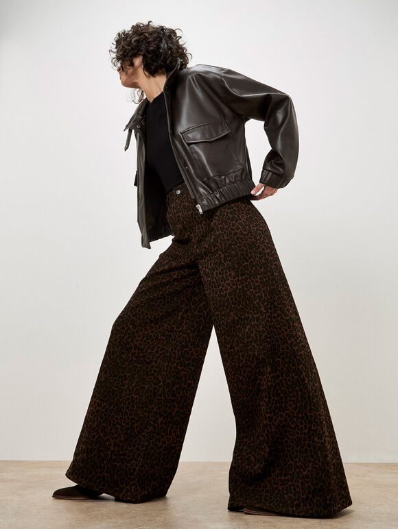 Zoe Wide Leg Leopard Print Jeans, Brown, large