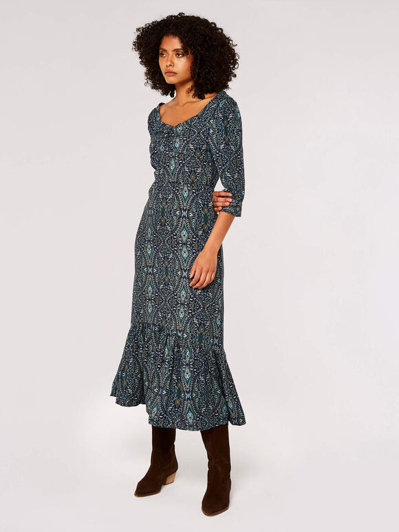 Paisley Print Midi Dress, Navy, large