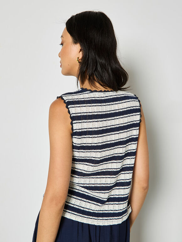 Stripe Pointelle Knit Waistcoat, Navy, large