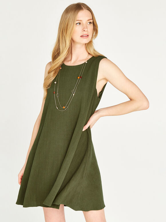 Textured Linen Sleeveless Dress, Green, large