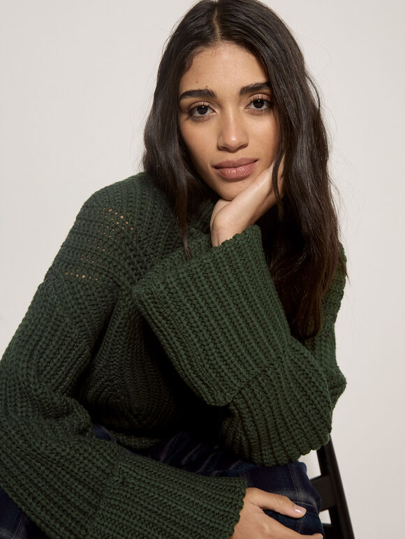 Chunky Knit Roll Neck Jumper, Green, large