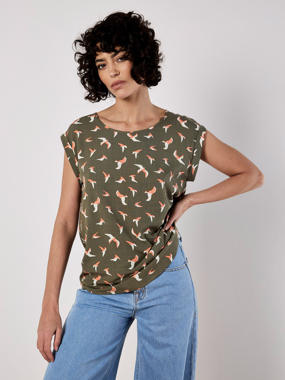 Bird Print Graphic Woven T-Shirt