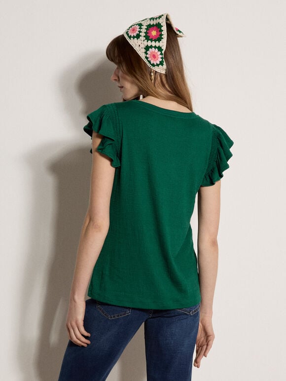 Soft Slub Ruffle Sleeve T-Shirt, Green, large