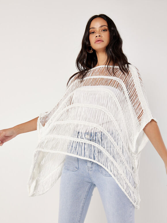 Open Knit Cotton Blend Poncho, White, large