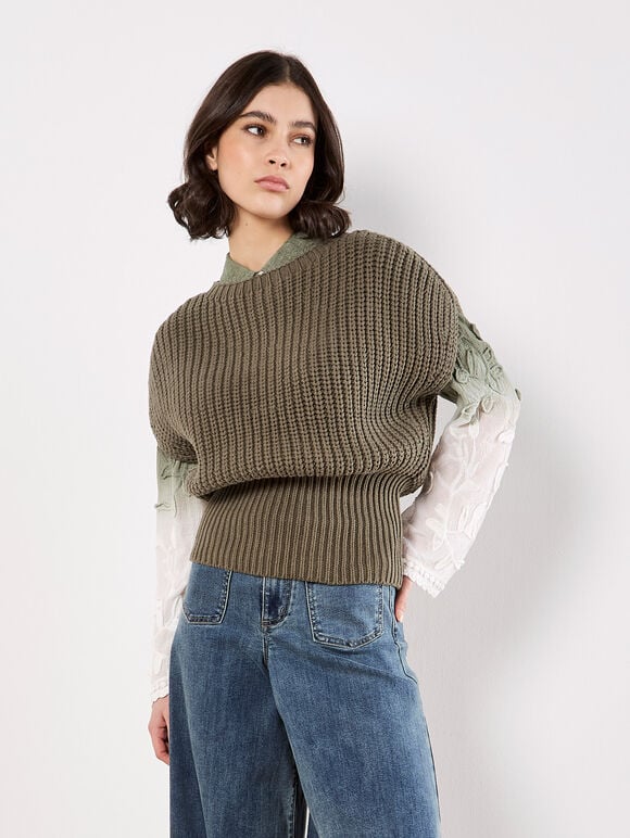 Chunky Rib Knit Cap Sleeve Jumper, Khaki, large