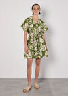 Tropical Leaf Print Satin Mini Dress, Green, large