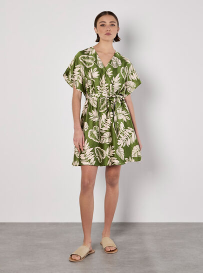 Tropical Leaf Print Satin Mini Dress