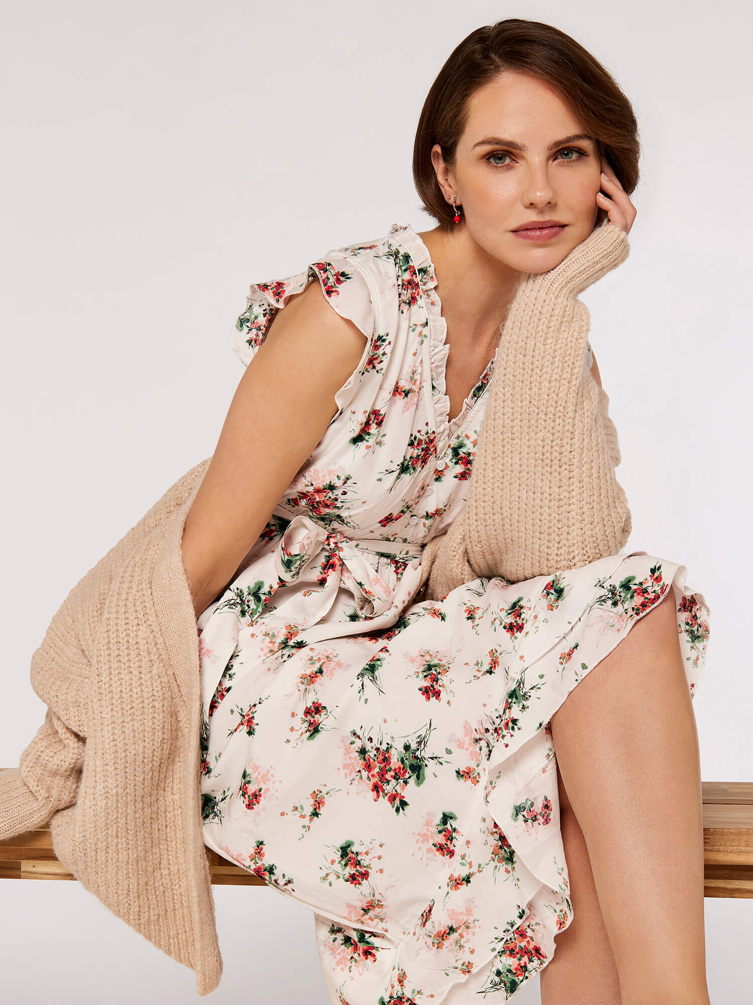 Floral Ditsy Midi Dress Apricot Clothing