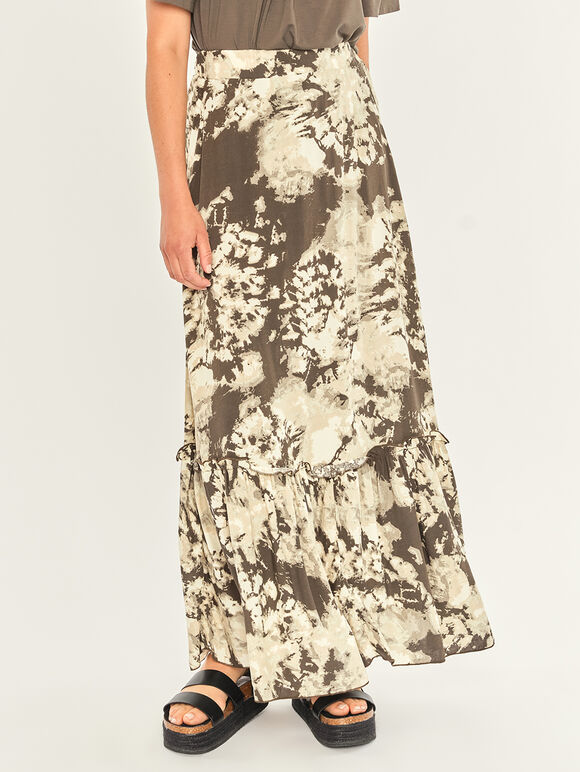 Tie Dye Ruffle Hem Maxi Skirt, Khaki, large