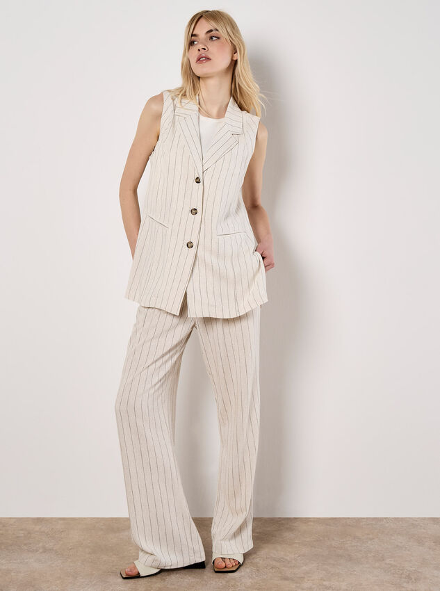 Longline Woven Pinstripe Waistcoat, Stone, large