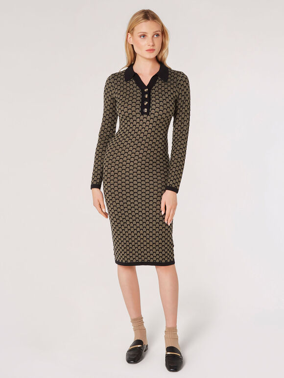 Geometric Bodycon Knit Midi Dress, Khaki, large