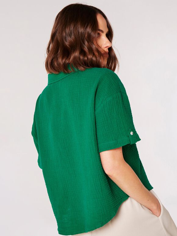 Textured Cotton Boxy Shirt, Green, large