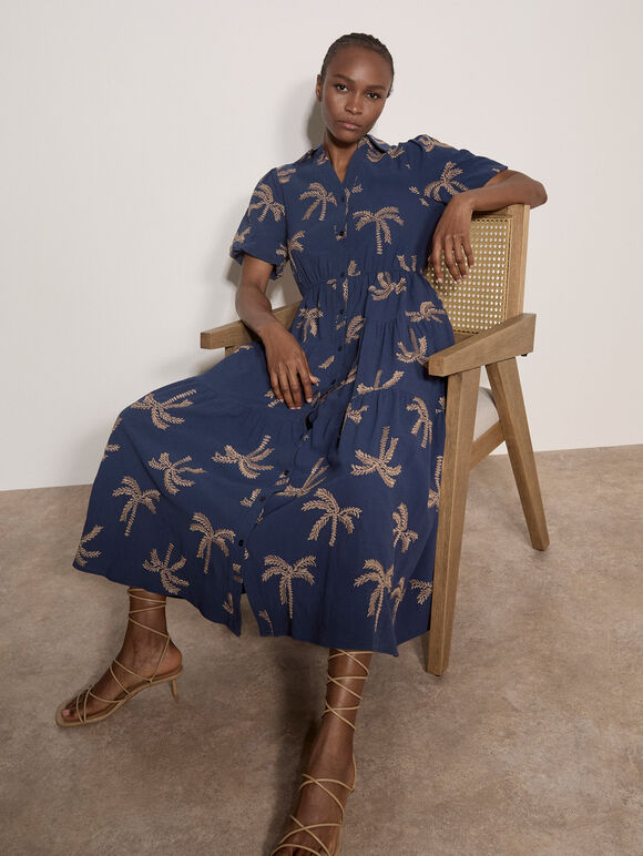 Embroidered Palms Cotton Midi Dress, Blue, large