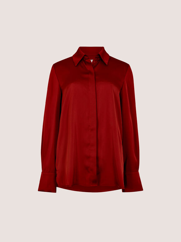 Oversized Satin Shirt, Burgundy, large