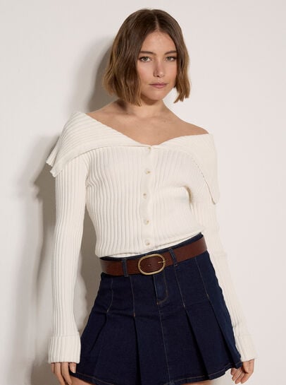 Wide Collar Ribbed Knit Cardigan