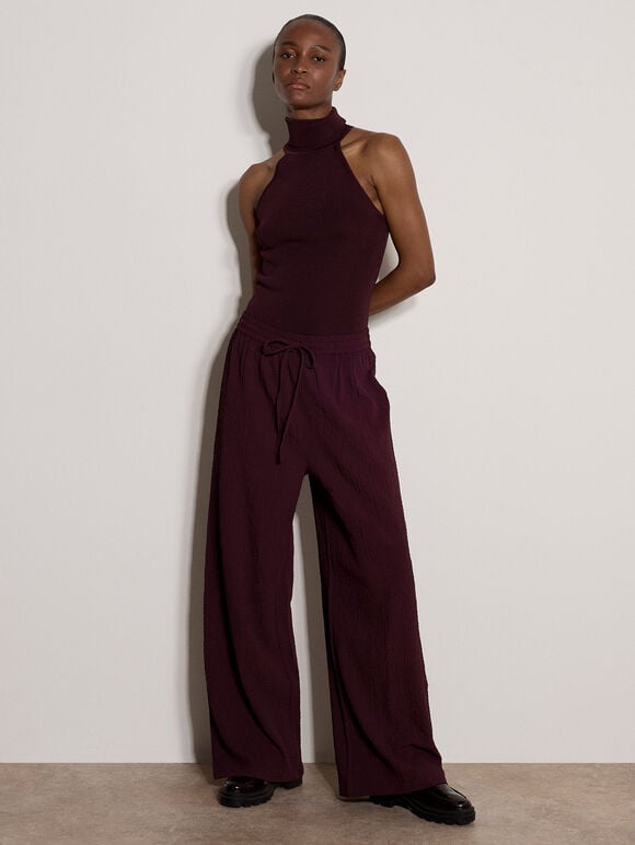 Crinkle-Textured Wide-Leg Joggers, Burgundy, large