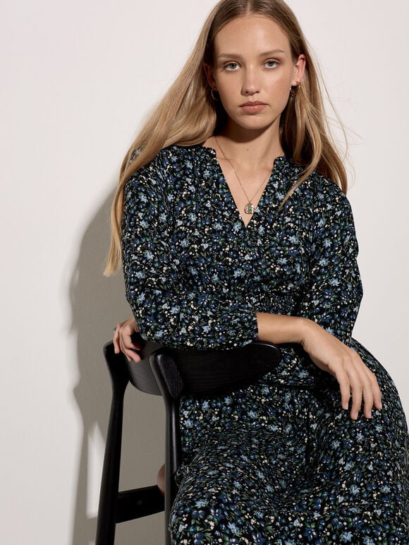 Ditsy Floral Crepe Midi Dress, Navy, large