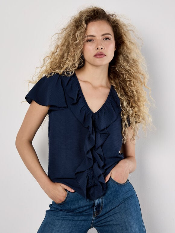 Ruffle Front Woven Top, Navy, large