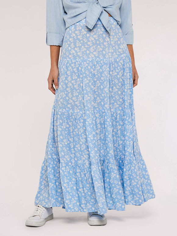 Maxi à plusieurs niveaux en crêpe florale, bleu, grand