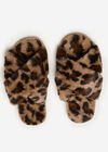 Leopard Fluffy X-Over Slippers, Brown, large