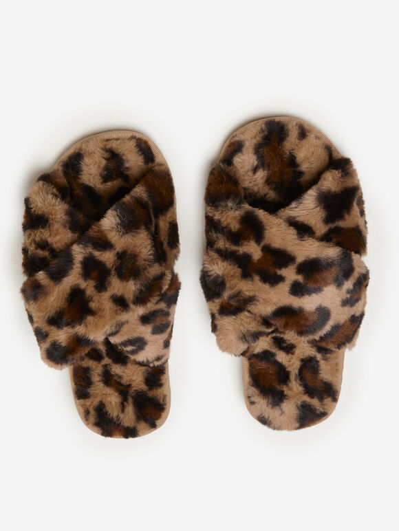 Leopard Fluffy X-Over Slippers, Brown, large