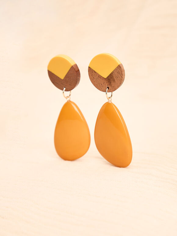 Wood And Acrylic Bead Drop Earrings, Yellow, large