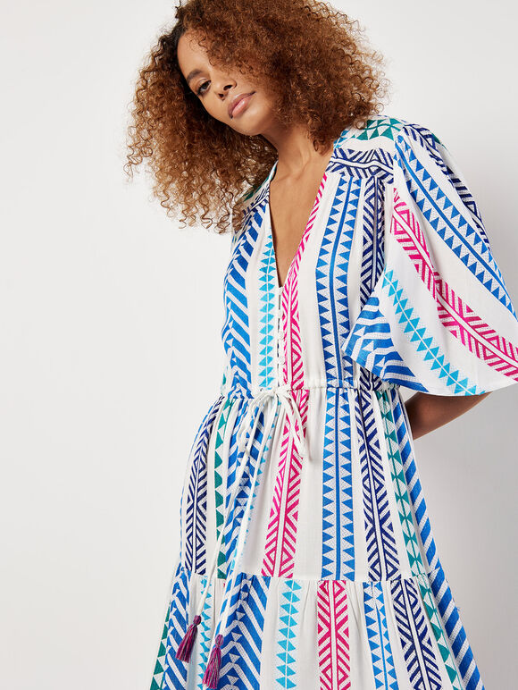 Geo Stripe Tiered Maxi Dress, Cream, large