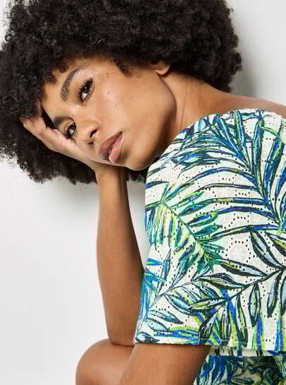 Palm Print Smocked Broderie Mini Dress