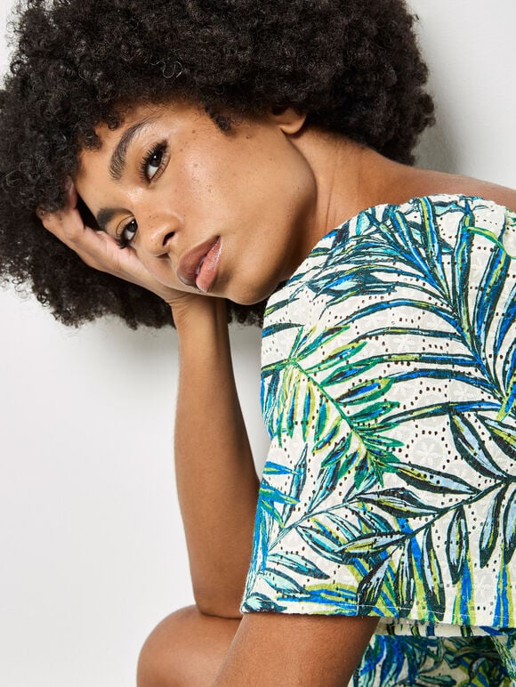 Palm Print Smocked Broderie Mini Dress, White, large