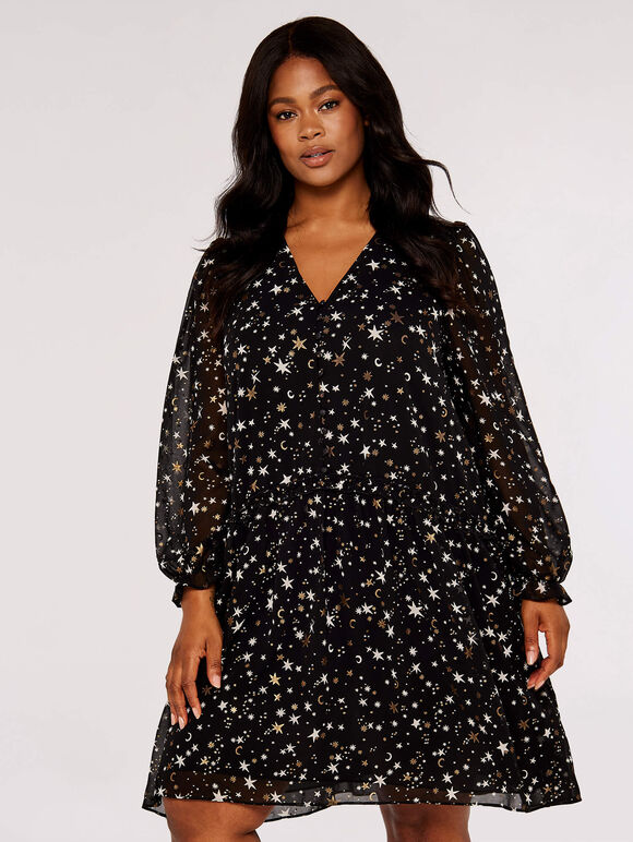 Curve Foil Star Mini Dress, Black, large