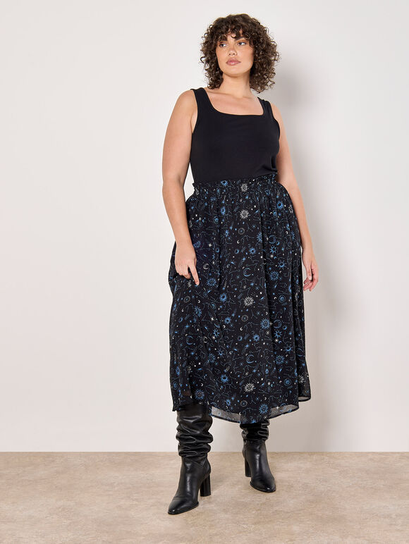 Curve Chiffon Constellation Midi Skirt, Blue, large